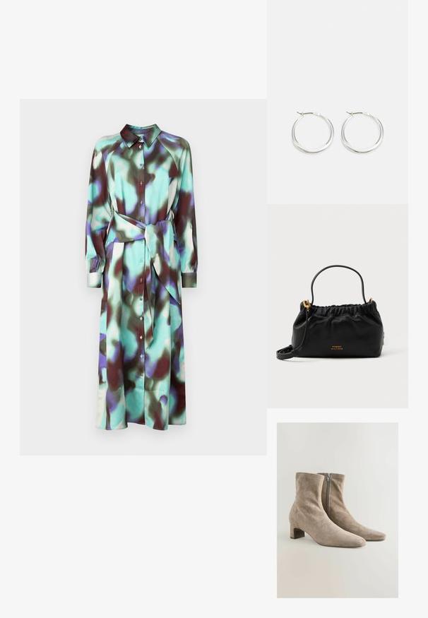 Pikkade varrukatega särgikleidi, millel on krae, mitmevärviline abstraktne muster teal- ja burgundia toonides, nööbid ning sobiv vöö.; Beige nubukist kingad, millel on terav varvas ja keskmise kõrgusega plokkkonts; külgsel lukul ja sujuval disainil on stiilne välimus.; Mustlane nahast käekott kogutud ülemise osaga, lühikese käepideme ja eemaldatava õlarihmaga. Omab kuldset logo aksessuaari ja sileda tekstuuri.; Hõbedased rõngasnõelad on sujuva ja ümara kujundusega, õhukese profiiliga ning kindla lukuga. Minimalistlik stiil ja läikiv viimistlus.