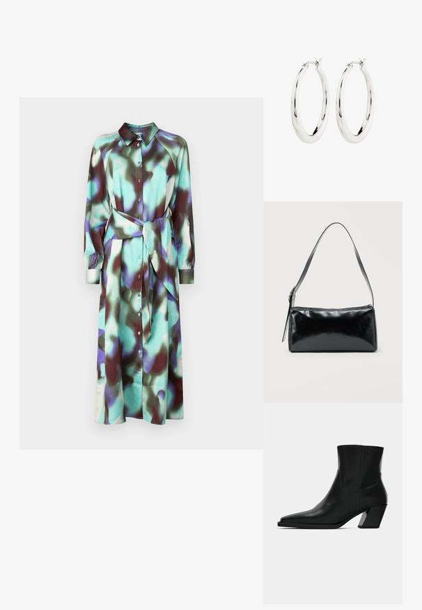 Vestido camisetero de manga larga con cuello, patrón abstracto multicolor en tonos aguamarina y burdeos, presenta botones y un cinturón a juego.; Bota de tobillo de cuero negro con punta afilada, una silueta elegante y un tacón cuadrado grueso. Textura suave con detalles de costura mínimos.; Bolso de hombro rectangular negro con una correa ajustable y un cierre de cremallera superior sobre un fondo liso.; Pendientes de aro de plata con un acabado suave y brillante. Forma circular, con un cierre seguro. Diseño sencillo y elegante.