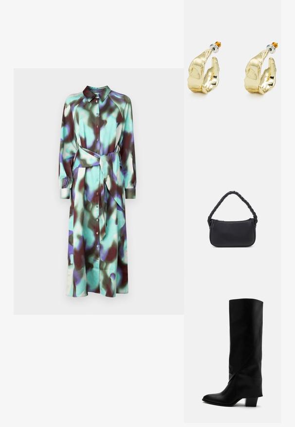 Vestido camisetero de manga larga con cuello, patrón abstracto multicolor en tonos aguamarina y burdeos, presenta botones y un cinturón a juego.; Bota alta de cuero negro con costuras anguladas, puntera puntiaguda y tacón grueso de altura media sobre fondo blanco.; Bolso negro de forma redondeada, hecho de material liso. Presenta un asa trenzada y un cierre de cremallera para un almacenamiento seguro.; Pendientes en tono dorado con forma de manos abstractas, que presentan una superficie brillante, detalles intrincados y un poste de plata y oro para un ajuste seguro.