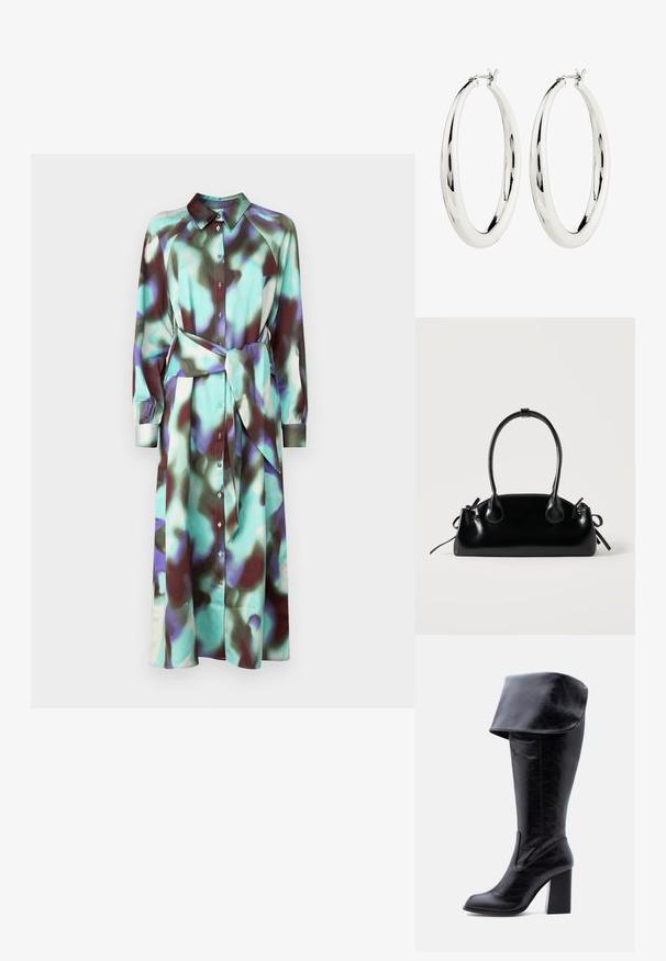 Vestido camisetero de manga larga con cuello, patrón abstracto multicolor en tonos aguamarina y burdeos, presenta botones y un cinturón a juego.; Bota alta negra de cuero con tacón, puño doblado y punta redonda, de pie sobre un fondo blanco.; Pequeño bolso negro brillante con dos asas largas y detalles de cordón lateral sobre un fondo claro liso.; Pendientes de aro de plata con una superficie lisa y reflectante. Forma redonda y grande con un cierre seguro en la parte superior. El acabado pulido resalta el brillo.