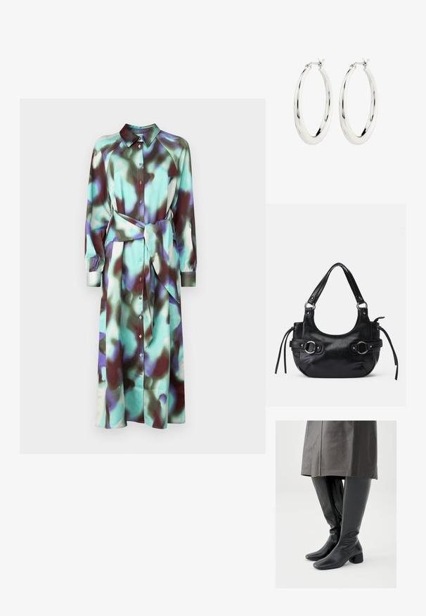 Vestido camisetero de manga larga con cuello, patrón abstracto multicolor en tonos aguamarina y burdeos, presenta botones y un cinturón a juego.; Botas negras de cuero hasta la rodilla con punta cuadrada, tacón de bloque inclinado y cremallera lateral; textura lisa y diseño ajustado.; Bolso de cuero negro con forma redondeada, que cuenta con dos hebillas laterales, textura suave y una correa corta para el hombro. Los detalles incluyen borlas laterales.; Pendientes de aro de plata con un acabado suave y brillante. Forma circular, con un cierre seguro. Diseño sencillo y elegante.