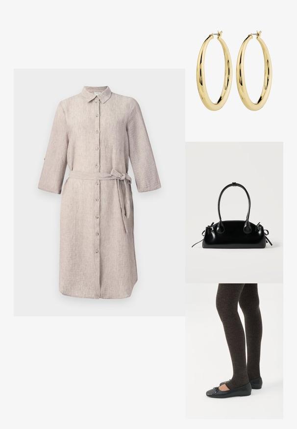 Lys beige linned skjortekjole med krave, lange ærmer, knaplukning foran og et matchende bælte. Har en enkelt brystlomme.; Ben iført mørke ribbede leggings kombineret med sorte balletsko med små sløjfedetaljer på hvid baggrund.; Lille sort blank håndtaske med to lange håndtag og snøre-detaljer i siden på en ensfarvet lys baggrund.; Guld hoops øreringe med en glat, poleret overflade. Cirkelformet, med en sikker lås på toppen. Overfladen reflekterer lys.