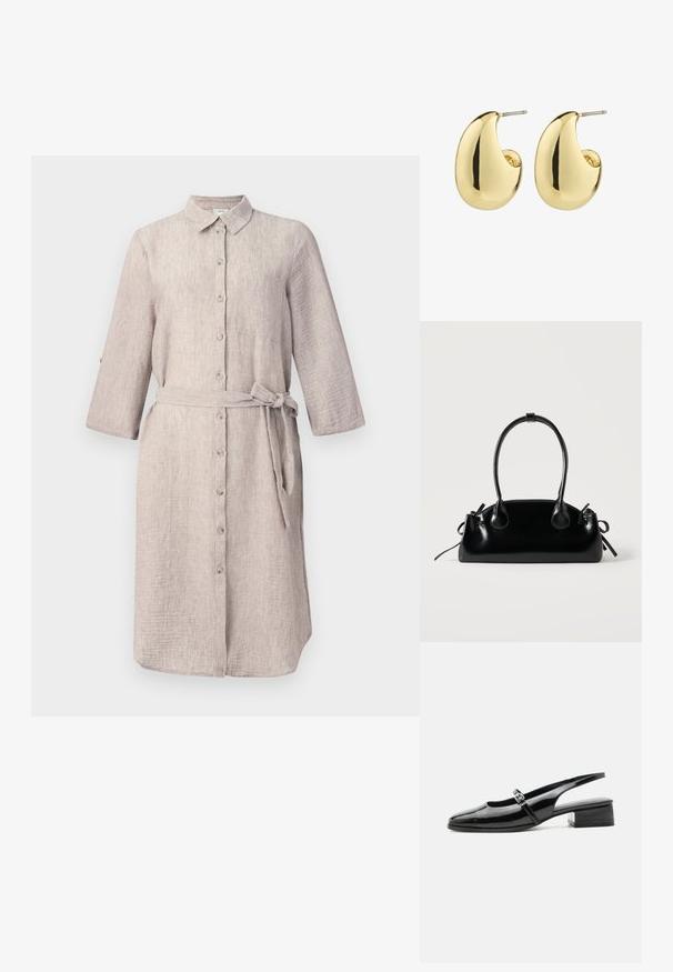 Lys beige linned skjortekjole med krave, lange ærmer, knaplukning foran og et matchende bælte. Har en enkelt brystlomme.; Sort laklæderslingback-sko med lav blokhæl og tynd rem med sølvspænde over toppen.; Lille sort blank håndtaske med to lange håndtag og snøre-detaljer i siden på en ensfarvet lys baggrund.; Guldtonede studøreringe med en glat, poleret overflade i en abstrakt, tårnform. Simple metalpind til fastgørelse.