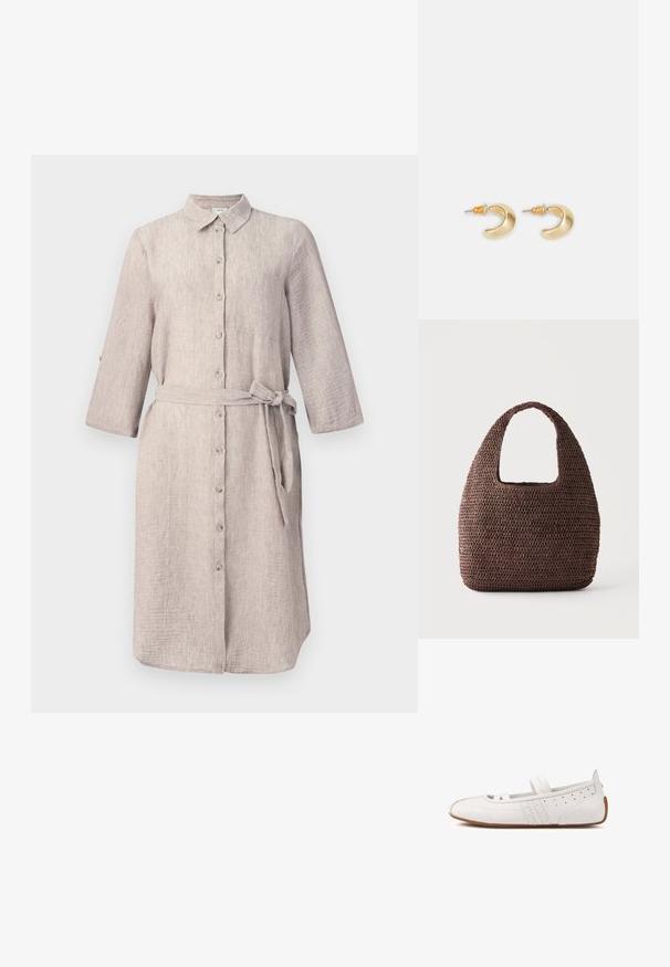 Hellbeige Leinenhemdkleid mit Kragen, langen Ärmeln, Knopfleiste und passendem Gürtel. Es hat eine einzelne Brusttasche.; Weißer flacher Lederschuh mit zwei Elastikriemen, perforierten Details und brauner Gummisohle, seitlich auf weißem Hintergrund gezeigt.; Braune gehäkelte Tote-Tasche mit breitem Griff und abgerundeter rechteckiger Form auf einfarbig hellem Hintergrund.; Goldene, mondförmige Ohrringe mit glatter Oberfläche, die orangefarbene Akzente nahe dem Stecker und silberne Beschläge aufweisen.
