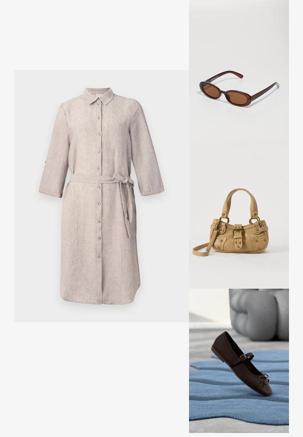 Hellbeige Leinenhemdkleid mit Kragen, langen Ärmeln, Knopfleiste und passendem Gürtel. Es hat eine einzelne Brusttasche.; Dunkelbrauner Mary-Jane-Flachschuh mit Schnalle und Schleifendetail, der auf einem welligen, blauen strukturierten Teppich liegt, im Hintergrund ein graues Polstersofa.; Runde, braun getönte Sonnenbrillen mit einem glänzenden burgunderfarbenen Rahmen. Schlanke Bügel mit dezentem Branding. Flaches Linsendesign.; Beige Lederhandtasche mit doppelten Griffen, Messingschnalle und Nieten, sowie verstellbarem Schultergurt vor weißem Hintergrund.