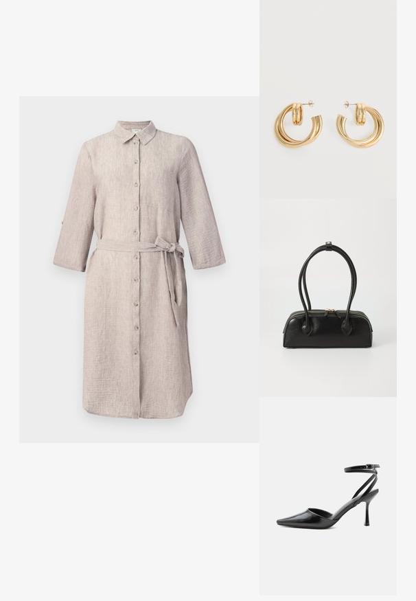 Lichtbeige linnen hemdjurk met een kraag, lange mouwen, knoopsluiting en een bijpassende riem. Beschikt over een enkele borstzak.; Zwarte pumps met puntige neus, dunne enkelbandjes en een zilveren gesp op een effen lichte achtergrond.; Zwarte leren handtas met twee verlengde handvatten, ritsluiting en ronde vorm; gladde textuur met subtiele glanzende afwerking.; Set glanzende gouden dubbele lus oorbellen met stekertjes op een witte achtergrond.