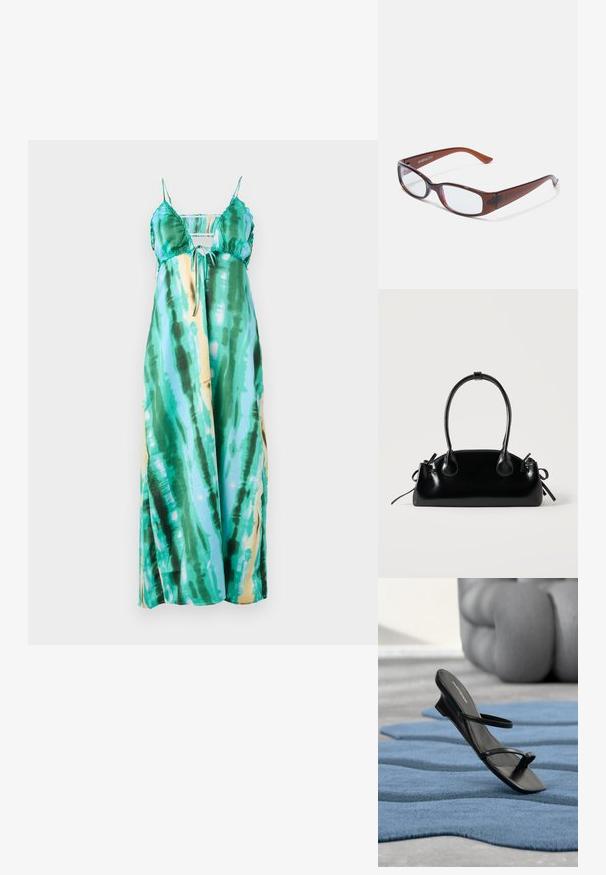 Maxikjole med justerbare spaghettistropper, der har et tie-dye mønster i teal, grøn og hints af gul. Glat, let stof.; Sort sandal med remme og tå-loop vist på et blåt tekstureret tæppe, med en stor grå dekorativ genstand sløret i baggrunden.; Brune-farvede rektangulære briller med en glat overflade, der har slanke arme og gennemsigtige linser. Logoet er synligt på venstre temple.; Lille sort blank håndtaske med to lange håndtag og snøre-detaljer i siden på en ensfarvet lys baggrund.