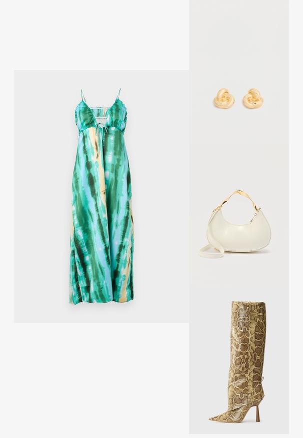Maxi šaty s nastaviteľnými ramienkami, s tkaninou v tie-dye vzore v odtieňoch teal, zelenej a s nádychom žltej. Hladká, ľahká látka.; Vysoké dámske čižmy na podpätku s špicatou špičkou a hnedo-bežovým vzorom hadej kože, zobrazené v profilu na jednoduchom svetlom pozadí.; Krémová kabelka v tvare polmesiaca s lesklým zlatým krátkym rúčikom a zodpovedajúcim dlhým remienkom na jednoduchom svetlom pozadí.; Pár lesklých náušníc tvaru uzla v zlatej farbe na jednoduchom bielom pozadí.