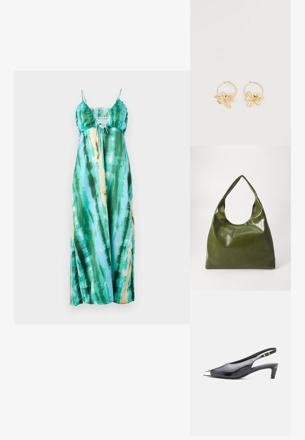 Maxi šaty s nastaviteľnými ramienkami, s tkaninou v tie-dye vzore v odtieňoch teal, zelenej a s nádychom žltej. Hladká, ľahká látka.; Čierne lakované kožené slingback topánky na ihlovom podpätku s špicatou špičkou, kovovým zlatým detailom na špičke a stredným blokovým podpätkom. Súčasťou je nastaviteľný remienok okolo členka.; Zelená kožená hobo taška so uvoľneným dizajnom, zakriveným držadlom a hladkým povrchom. Neobsahuje žiadne viditeľné kovania ani akcenty.; Zlaté kruhové náušnice s veľkými, textúrovanými príveskami v tvare kvetov, vystavené na bielom pozadí.