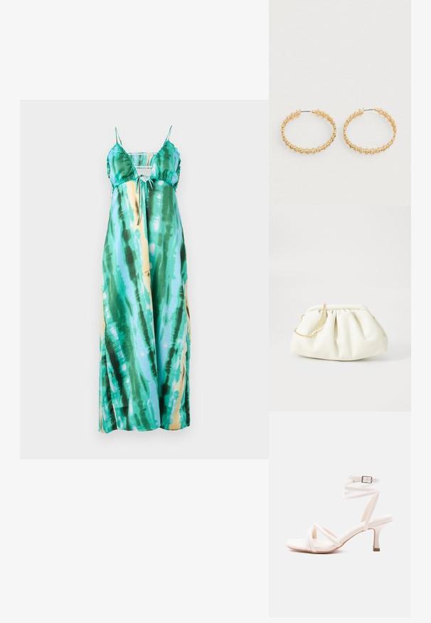 Maxikjole med justerbare spaghettistropper, der har et tie-dye mønster i teal, grøn og hints af gul. Glat, let stof.; Hvid sandal med hæl, spænde-front, ankelrem med spænde og en slank mellemhøj hæl mod en ensfarvet baggrund.; Hvid læderhåndtaske med en samlede design, forsynet med en guldkæde-strop og en rund form. Glat tekstur med bløde folder og ingen mønstre.; Guld øreringe i hoop-stil med et tekstureret design prydet med små, runde perler langs den ydre kant. Letvægtige med en sikker lukning.