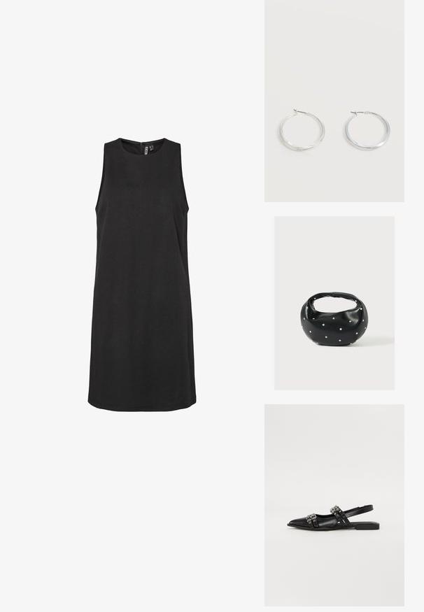 Mouwloze zwarte jurk met een ronde hals en een verborgen ritssluiting aan de achterkant. Gemaakt van gladde stof, heeft een rechte silhoeët.; Even&Odd by Zalando Slingback ballerina´s - black; Zwarte leren handtas met een afgeronde vorm, versierd met zilveren studs, en een korte handgreep. Gladde textuur en ritsluiting.; Zilverkleurige metalen creolen oorbellen met een glad, licht gebogen oppervlak en sluitingen met haaksluiting op een effen witte achtergrond.