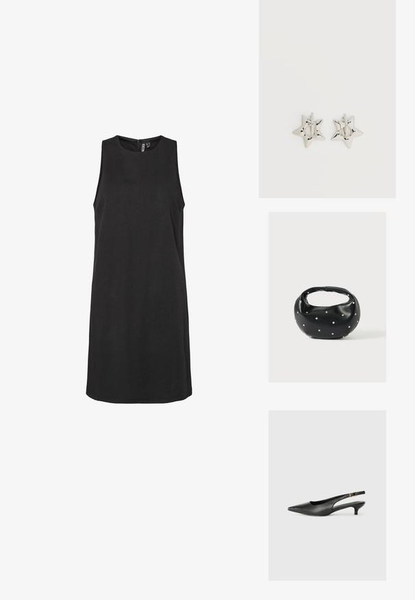 Ärmelloses schwarzes Kleid mit rundem Ausschnitt und unsichtbarem Reißverschluss auf der Rückseite. Hergestellt aus glattem Stoff, hat es eine gerade Silhouette.; Schwarzer Slingback-Schuh mit spitzem Zehenbereich aus glattem Leder. Mit einem dünnen Absatz und einer dekorativen Schnalle am verstellbaren Riemen.; Schwarze Lederhandtasche mit abgerundeter Form, verziert mit silbernen Nietenakzenten und kurzem Griff. Glatte Struktur und Reißverschlussverschluss.; Silberne, sternförmige Creolen mit einer glatten, polierten Oberfläche auf weißem, schlichtem Hintergrund.
