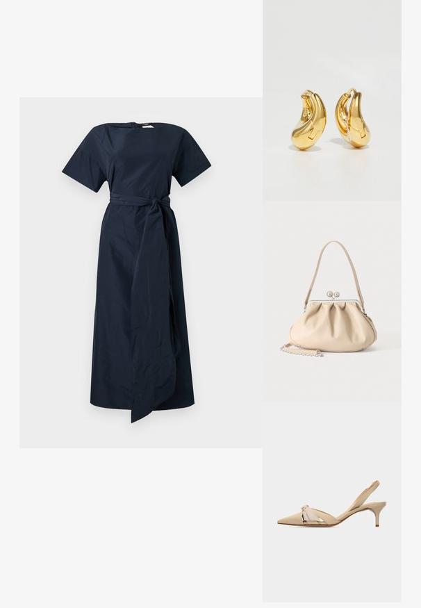 Robe midi bleu marine avec manches courtes et encolure bateau, avec une ceinture en tissu nouée à la taille.; Chaussure beige à bouts pointus avec bride arrière, talon kitten bas et fin, et nœud décoratif sur la tige.; Sac à main en cuir souple beige avec un fermoir en métal argenté, une bandoulière simple et une bandoulière chaîne optionnelle sur fond blanc.; Boucles d'oreilles en or en forme de d'anneaux lisses et courbés avec une finition polie. Équipées d'un mécanisme de fermeture et de légères indentations pour le détail.