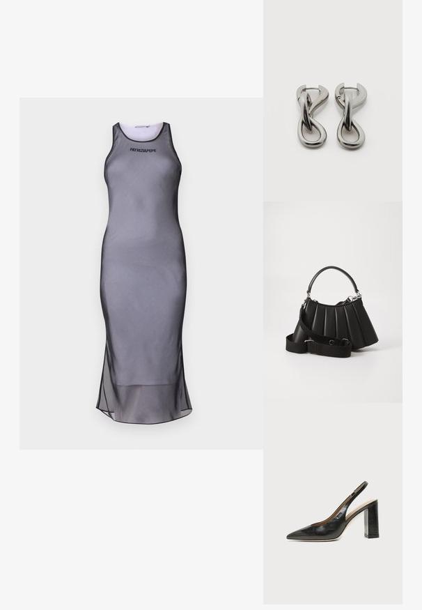 Grå ærmeløs kjole med et slim-fitting design, lavet af glat stof. Har en gennemsigtig kant og sort accent omkring halsudskæringen og logoet.; Sort læder peep-toe slingback sko med høj blokhæl og beige indvendig foring mod en ensfarvet lys baggrund.; Sort plisseret handbag med et rundet håndtag, justerbar rem og blank overflade. Har sølvfarvet hardware og en struktureret silhuet.; Par af sølvtonede metale øreringe med abstrakt sammenflettet løbedesign på hvid baggrund.