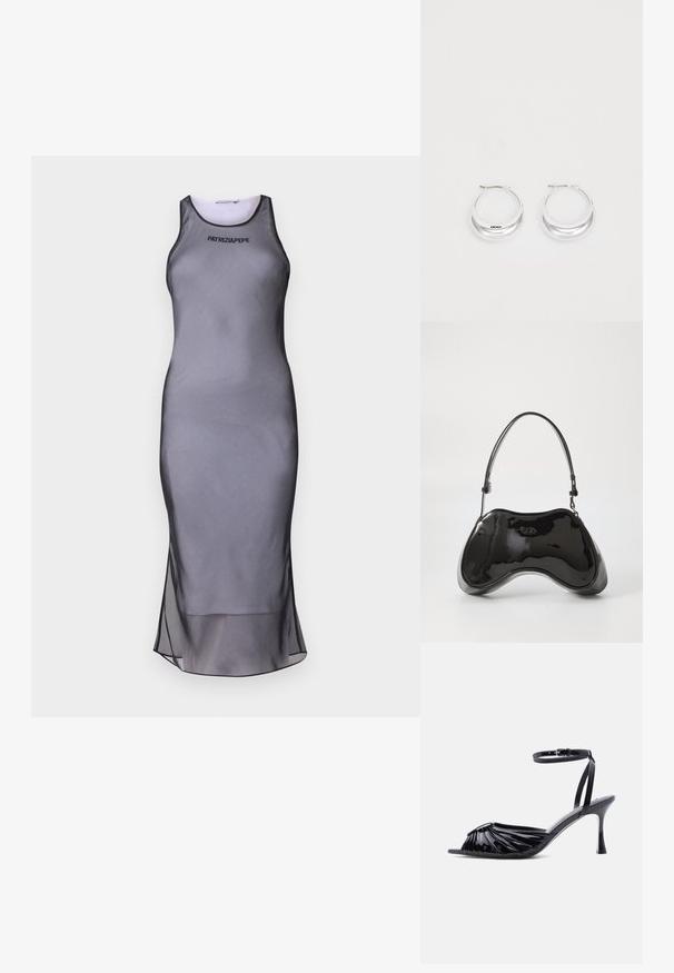 Grå ærmeløs kjole med et slim-fitting design, lavet af glat stof. Har en gennemsigtig kant og sort accent omkring halsudskæringen og logoet.; Sort højhælet sandal i laklæder med åben tå, rynket frontdesign og justerbar ankelrem med spænde.; Sort patentlæder håndtaske med en unik buet form, kort justerbar hank og en lynlåslukning i toppen. Glat tekstur med diskret branding.; Sølv hoops øreringe med en poleret overflade og DKNY branding, præsenteret mod en simpel hvid baggrund.