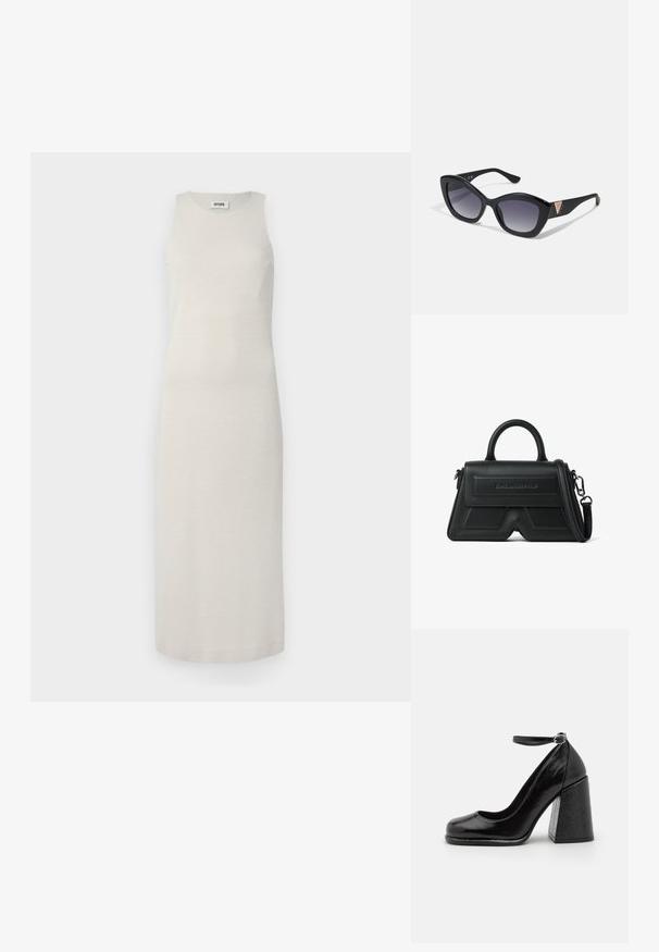 Robe midi sans manches en beige clair, confectionnée dans un tissu texturé avec un léger éclat. Coupe droite, longueur genoux sans fermetures visibles.; HUGO KIORA - Escarpins à talons hauts - black; Guess Lunettes de soleil - shiny black; Sac à main structuré noir avec poignée supérieure, bandoulière amovible et logo embossé "Karl Lagerfeld" sur le rabat avant.