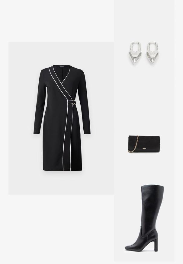 Vestido negro ajustado con mangas largas, con ribetes blancos en el frente y detalles en tono dorado. Tejido suave y tejido, diseño hasta la rodilla.; Botas de cuero negras hasta la rodilla con un diseño elegante, punta afilada y tacón cuadrado de 10 cm, que presentan detalles de costura sutiles.; Bolso de mano negro hecho de ante con un acabado texturizado, que presenta una cadena dorada y un diseño elegante y angular.; Candados en forma de corazón de plata con inscripciones grabadas de "SÍ" y "NO", acabado pulido, diseño simétrico y un robusto cierre de metal.