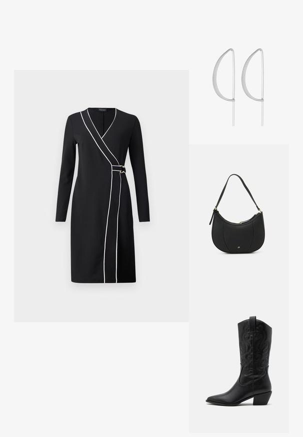 Vestido negro ajustado con mangas largas, con ribetes blancos en el frente y detalles en tono dorado. Tejido suave y tejido, diseño hasta la rodilla.; Botas de vaquero de cuero negro con punta afilada, patrones en relieve en espiral y un tacón de altura media. Presentan una lengüeta para facilitar el uso.; Bolso de mano de cuero negro con forma curva, superficie texturizada, costuras frontales y un logo en tono dorado. Cuenta con una sola correa ajustable.; Pendientes de metal plateado con un diseño curvado minimalista, que presentan formas de lágrima abiertas y alargadas con un acabado mate.