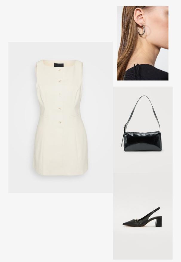 Robe sans manches de couleur crème avec un décolleté carré, cinq boutons sur le devant et des poches latérales. Fabriquée en tissu structuré.; Chaussure à talon en cuir noir, modèle slingback avec un bout pointu, une petite bride à l'avant et un talon bloc. Texture lisse avec des détails en accents dorés.; Sac d'épaule rectangulaire noir avec une sangle réglable unique et une fermeture éclair supérieure sur un fond uni.; Boucle d'oreille en argent avec une finition polie, présentant de petits détails en or et de forme ronde, portée sur le lobe.