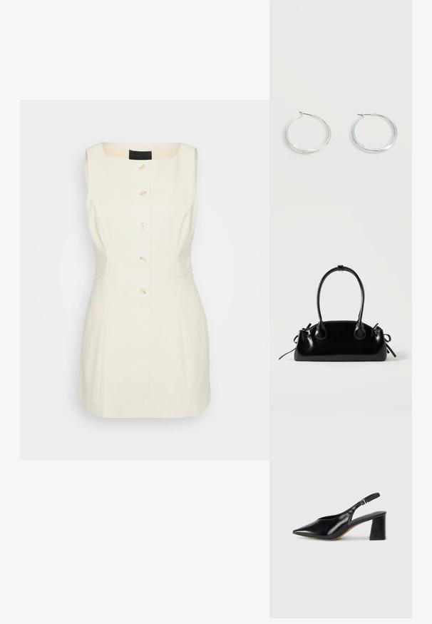 Robe sans manches de couleur crème avec un décolleté carré, cinq boutons sur le devant et des poches latérales. Fabriquée en tissu structuré.; Chaussure slingback en cuir noir avec un bout pointu et un talon épais. Dotée d'une sangle avec une boucle en argent et d'une texture de surface lisse.; Petit sac à main noir brillant avec deux longues anses et des détails à cordon sur les côtés sur un fond clair uni.; Boucles d’oreilles créoles en métal argenté avec une surface lisse légèrement incurvée et des fermoirs à clapet sur un fond blanc uni.