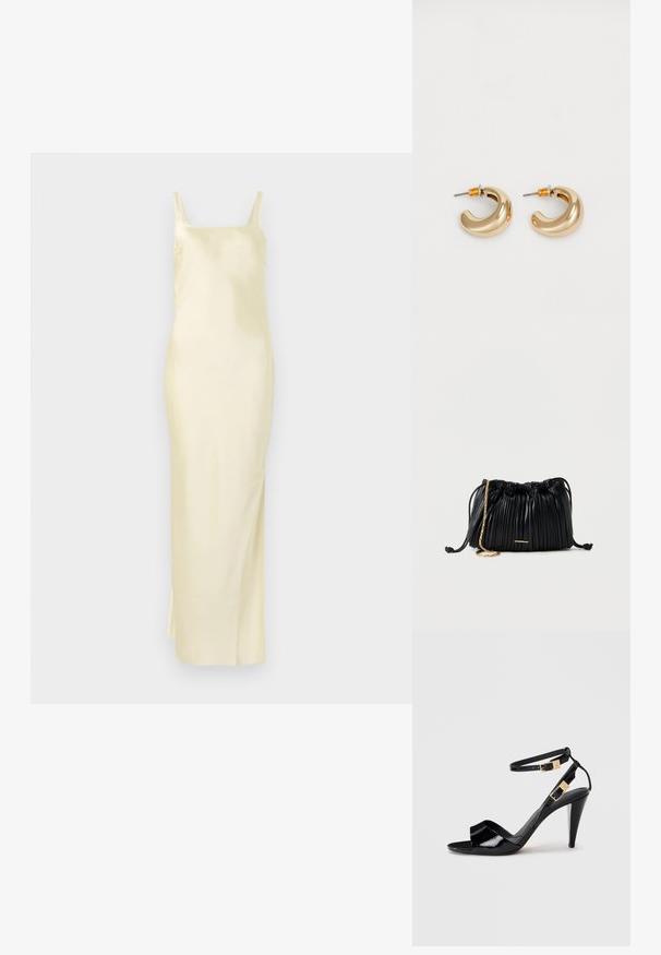 Vestido de satén amarillo con silueta recta, tirantes finos y abertura lateral para mayor facilidad de movimiento. Textura suave y diseño minimalista.; Sандalia de tacón alto de charol negro con dobles correas en el tobillo y hebillas doradas, punta abierta y tacón delgado y afilado sobre un fondo neutro.; Bolso de mano negro de cuero plisado con cordón ajustable, cadena dorada como asa y un pequeño detalle horizontal dorado en la parte frontal.; Dos pendientes de aro dorados brillantes en un diseño curvado, con acentos naranjas cerca del poste, sobre un fondo blanco liso.