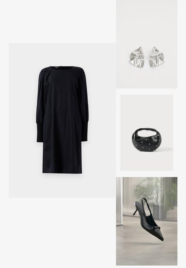 Sort langærmet midikjole med puffede skuldre og brede manchetter, der har en rund halsudskæring og en lynlås i ryggen.; Sort tekstureret læder slingback højhælet sko med spids tå og lille dekorativ spænde, svævende over en glat gulv.; Sort læderhåndtaske med en rundet form, dekoreret med sølvnitter, og et kort håndtag. Glat tekstur og lynlåslukning.; Sølvmetal øreringe med et bølgende, skulpturelt design, der har en poleret overflade og uregelmæssige former, hvilket fremhæver en moderne æstetik.