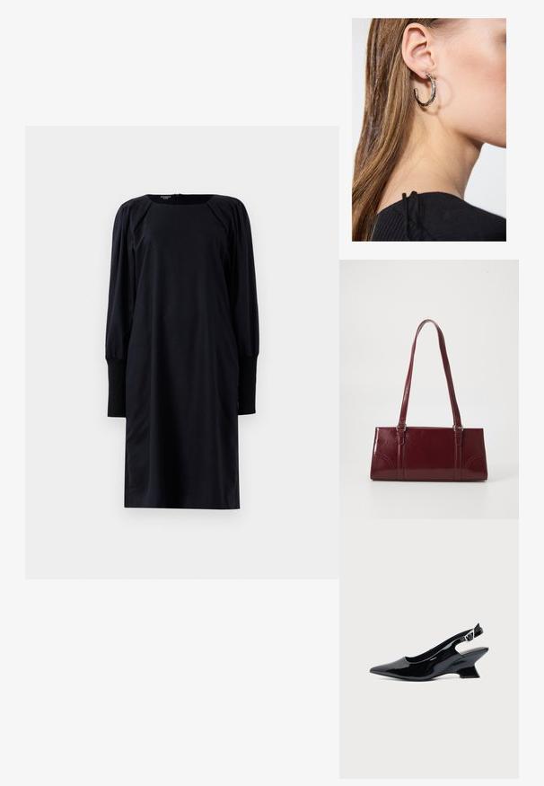 Sort langærmet midikjole med puffede skuldre og brede manchetter, der har en rund halsudskæring og en lynlås i ryggen.; Sort laklæder slingback sko med spids tå og lav vinklet blokhæl på ensartet lys baggrund.; Bordeaux håndtaske lavet af glansfuldt materiale, rektangulær form, med to skulderremme og subtile buede detaljer på forsiden.; Sølv hoop ørestik med en poleret overflade, prydet med små guld accenter og en rund form, båret på øreflippen.