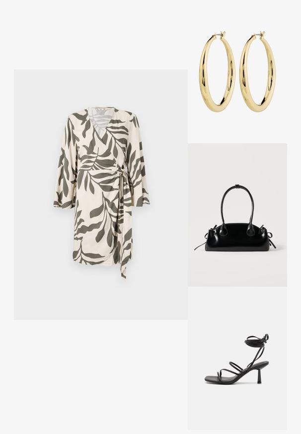 Letthvit omslagskjole i creme med et olivengrønt blade mønster, der har trekvartærmer og et bånd i livet for justerbar pasform.; Sort strappy sandal med firkantet tå, justerbare ankelbind og en slank, blokhæl. Fremstillet af et glat, holdbart materiale.; Lille sort blank håndtaske med to lange håndtag og snøre-detaljer i siden på en ensfarvet lys baggrund.; Guld hoops øreringe med en glat, poleret overflade. Cirkelformet, med en sikker lås på toppen. Overfladen reflekterer lys.