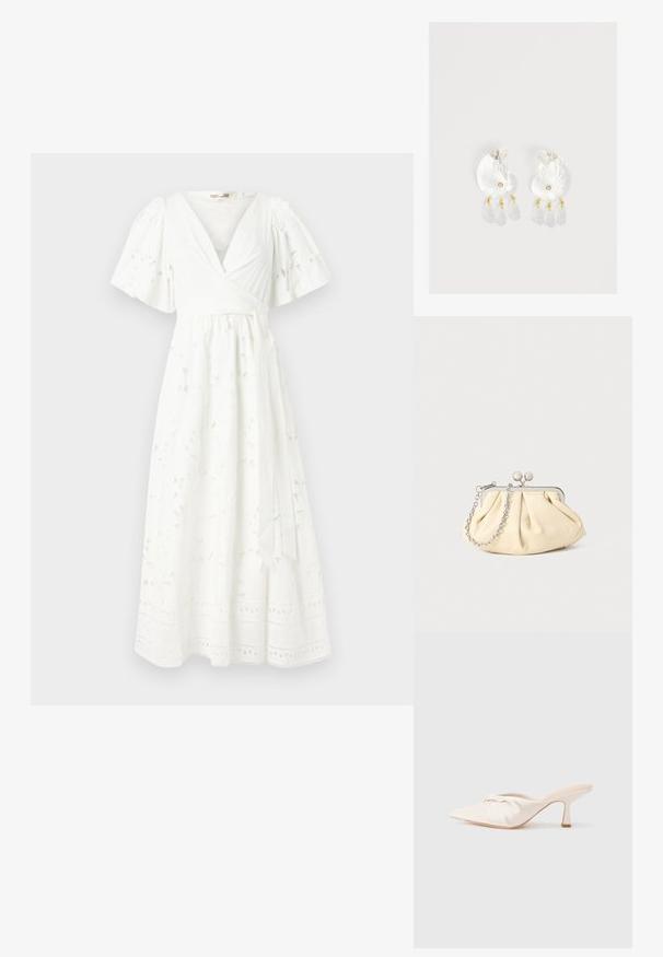 Robe blanche à mi-mollet avec des manches courtes à volants, motif floral, tissu texturé et détails en dentelle à l'ourlet.; Chaussure mule en tissu beige clair avec un design noué à l'avant, bout pointu et talon fin et effilé. Texture lisse dans l'ensemble.; Pochette en cuir beige plissé avec un cadre en métal argenté, dotée de deux fermoirs ronds décoratifs et d'une chaîne en argent.; Boucles d'oreilles en résine transparente en forme de coquillage avec de petits accents dorés et trois breloques translucides en forme de goutte pendantes sur chaque boucle d'oreille.