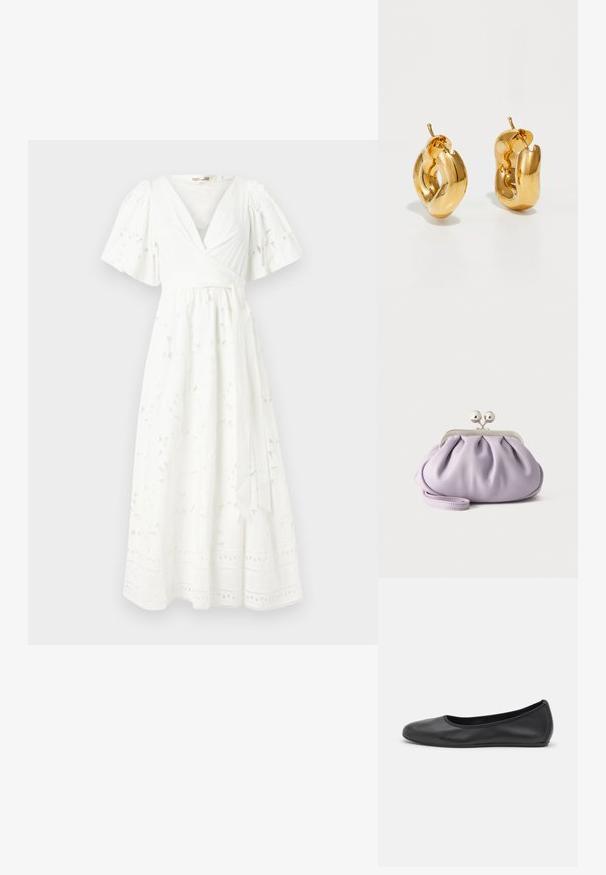 Robe blanche à mi-mollet avec des manches courtes à volants, motif floral, tissu texturé et détails en dentelle à l'ourlet.; Ballerines en cuir noir avec un bout rond, texture lisse, détails de couture minimalistes et design de semelle flexible.; Pochette lavande douce avec tissu froncé, fermoir kiss-lock argenté et bracelet assorti sur un fond clair uni.; Boucles d'oreilles créoles en or massif avec un design tubulaire légèrement tordu et des fermoirs à tige sur un fond blanc.