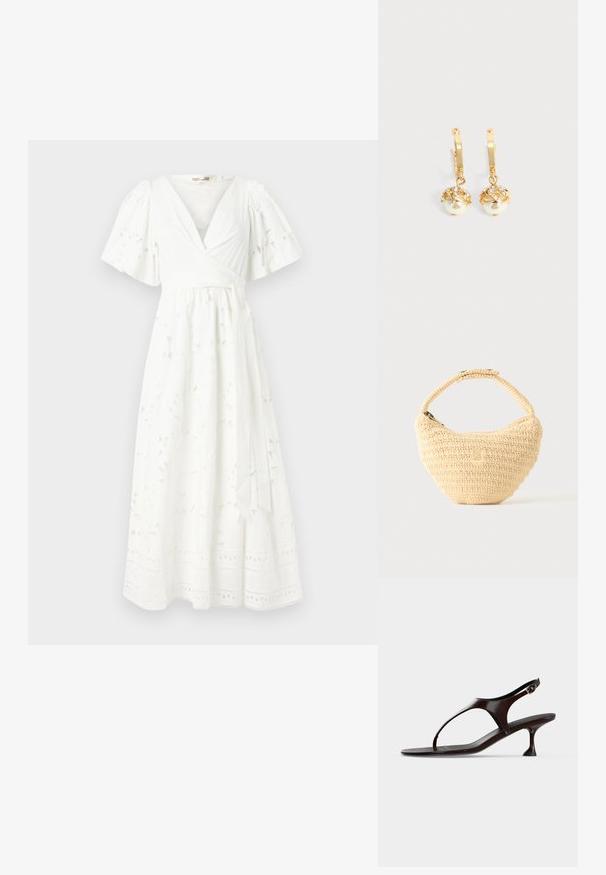 Robe blanche à mi-mollet avec des manches courtes à volants, motif floral, tissu texturé et détails en dentelle à l'ourlet.; Sandale slingback en cuir verni marron foncé avec petit talon et bride entre les orteils sur fond blanc.; Sac à main beige tissé avec corps arrondi, fermeture éclair et une sangle courte et épaisse dans un style crochet simple et texturé.; Boucles d'oreilles créoles en or avec des perles blanches pendantes serties d'or et de petits cristaux clairs sur un fond clair uni.