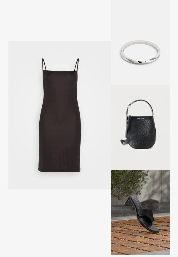 Čierne šaty bez rukávov s tenkými ramienkami, vyrobené z hladkého materiálu, s priliehavým strihom, ktorý siaha tesne nad kolená.; Čierna sandála Calvin Klein na podpätku s prstovou slučkou na drevenej dlažbe vonku pri strome a kamennom múre.; Čierna tkaná kabelka s zaobleným dnom, koženým lemovaním, nastaviteľným popruhom na rameno a logom značky Samsøe Samsøe na hornej časti.; Strieborný kovový náramok so hladkým, lesklým povrchom a plochými hranami. Má otvorený kruhový dizajn s jemným detailom zapínania.