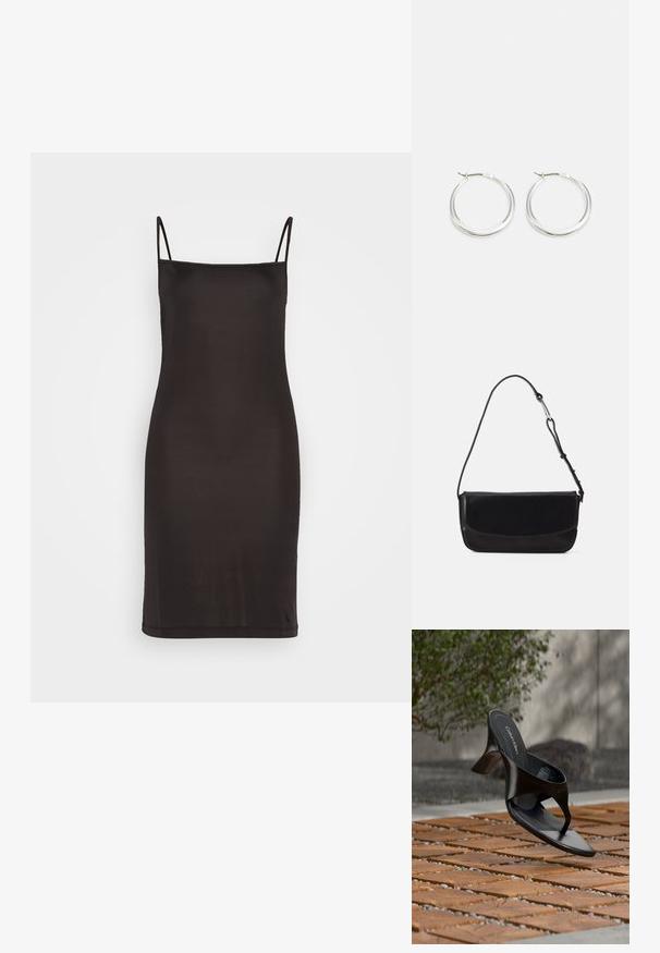 Čierne šaty bez rukávov s tenkými ramienkami, vyrobené z hladkého materiálu, s priliehavým strihom, ktorý siaha tesne nad kolená.; Čierna Calvin Klein sandála na podpätku s remienkom, ktorá sa vznáša nad vonkajšou dlažbou s rastlinami a betónovou stenou v pozadí.; Vagabond DEIA - Kabelka - black; Strieborné kruhové náušnice majú hladký, zaoblený dizajn s tenkým profilom a bezpečným zapínaním. Minimalistický štýl s lešteným povrchom.