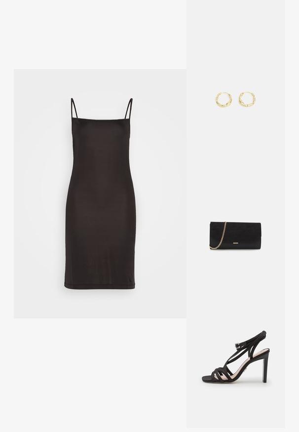 Schwarzes Slipkleid mit dünnen Spaghetti-Trägern, aus glattem Stoff gefertigt, mit einer körpernahen Silhouette, die knapp über dem Knie endet.; Bronx ALADIN - Riemensandalette - black; Schwarze Clutch aus Wildleder mit strukturierter Oberfläche, ausgestattet mit einem goldenen Kettenriemen und einem eleganten, kantigen Design.; Goldene Creolen mit einer strukturierten, unregelmäßigen Oberfläche. Sie verfügen über ein leichtes Design und eine runde Form, die sich für den täglichen Gebrauch eignet.