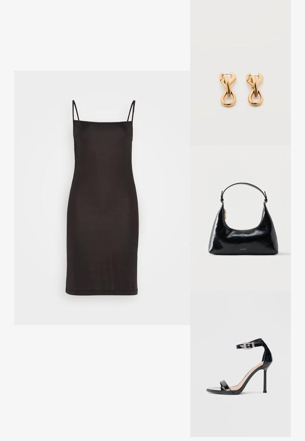 Schwarzes Slipkleid mit dünnen Spaghetti-Trägern, aus glattem Stoff gefertigt, mit einer körpernahen Silhouette, die knapp über dem Knie endet.; Schwarzer Riemchensandale aus Lackleder mit hohem Absatz und Knöchelriemen. Verfügt über ein minimalistisches Design, offene Zehenpartie und eine Schnalle mit Strassakzenten.; Schwarze, glänzende Calvin Klein Handtasche mit goldfarbenem Reißverschluss und kurzem Trageriemen vor schlichtem weißem Hintergrund.; Paar glänzende goldfarbene Creolen mit verschlungenem, verdrehtem Design auf schlichten weißem Hintergrund.
