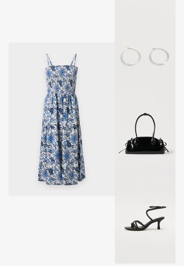 Blauw-witte bloemen midi-jurk met dunne banden. Kenmerkt een smock-buste en een vloeiende rok met een ingewikkeld botanisch patroon.; Even&Odd Wide Fit Sandalen - black; Kleine zwarte glanzende handtas met twee lange hengsels en zijkant trekkoord details op een effen lichte achtergrond.; Zilverkleurige metalen creolen oorbellen met een glad, licht gebogen oppervlak en sluitingen met haaksluiting op een effen witte achtergrond.