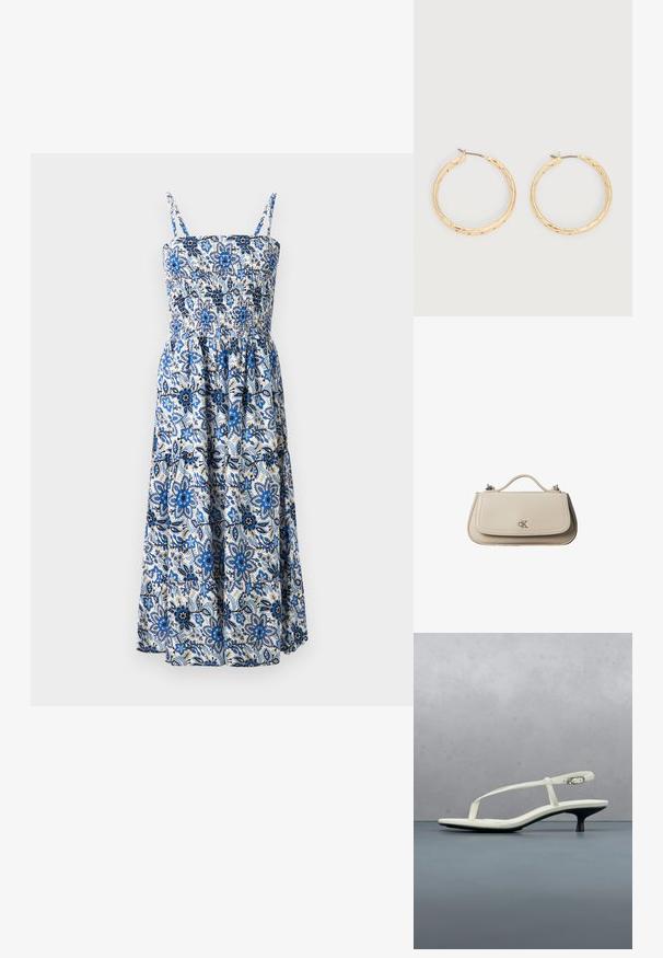 Blauw-witte bloemen midi-jurk met dunne banden. Kenmerkt een smock-buste en een vloeiende rok met een ingewikkeld botanisch patroon.; Witte sandaal met smalle bandjes en kitten heel, met een spitse neus, zwevend boven een houten tegelvloer buiten, met op de achtergrond een wazige plant en muur.; Kleine beige leren handtas met bovenhandvat en zilveren CK-logo op de voorflap, getoond tegen een witte achtergrond.; Een paar oorbellen met gouden textuur in de vorm van ringen met dunne pennen, op een witte achtergrond.