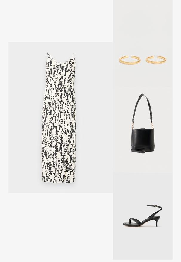 Mouwloze jurk in een crèmekleur met een zwart abstract patroon, met een aansluitende taille, rechte snit en een middellange zoom.; Zwarte leren dames sandaal met dunne bandjes, een teengreep, een enkelgesp en een stilettohak van gemiddelde hoogte op een neutrale achtergrond.; Zwarte leren bucketbag met brede verstelbare schouderriem en afneembare polsband op een lichtgrijze achtergrond.; Set middelgrote gepolijste gouden oorringen met dunne draaduiteinden op een eenvoudige witte achtergrond.