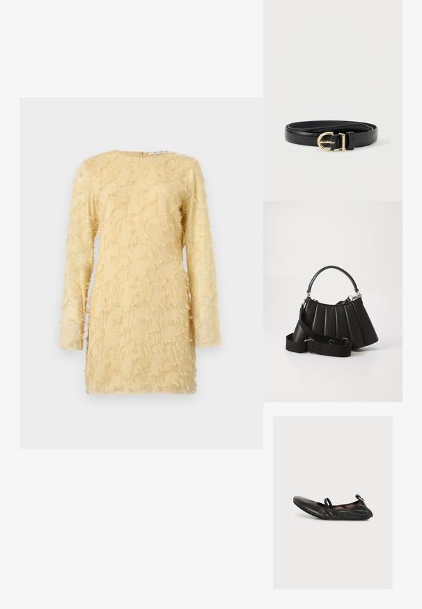 Robe jaune à manches longues, tissu texturé avec des détails effilochés partout. Encolure ronde avec une fermeture éclair au dos.; Chaussure plate en cuir noir avec bout rond, lanière élastique sur le dessus et petit détail de boucle au talon, vue de profil sur fond blanc.; Sac à main plissé noir avec une poignée arrondie, une bandoulière réglable et une texture brillante. Présente des accessoires en argent et une silhouette structurée.; Ceinture en cuir noir enroulée avec une boucle en métal doré arrondie et une passant de ceinture sur fond blanc.