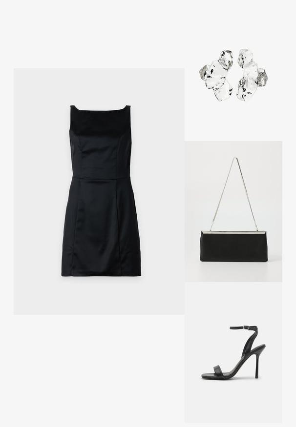 Schwarzes ärmelloses Kleid aus glattem Stoff mit einem quadratischen Ausschnitt, figurbetontem Oberteil und schwingendem Rock mit klaren Linien.; Schwarze High-Heels-Sandalen mit schlankem Knöchelriemen und zwei vorderen Riemen. Aus glattem Leder gefertigt, mit einer eleganten spitzen Zehenform und einem Stiletto-Absatz.; Schwarze Leder-Clutch mit einem silbernen Metallkette-Griff und einer eleganten rechteckigen Form. Mattes Finish und minimalistisches Design mit einem metallischen Akzent.; Cluster von sechs unregelmäßig geformten, transluzenten und reflektierenden glasähnlichen Stücken, angeordnet auf weißem Hintergrund.