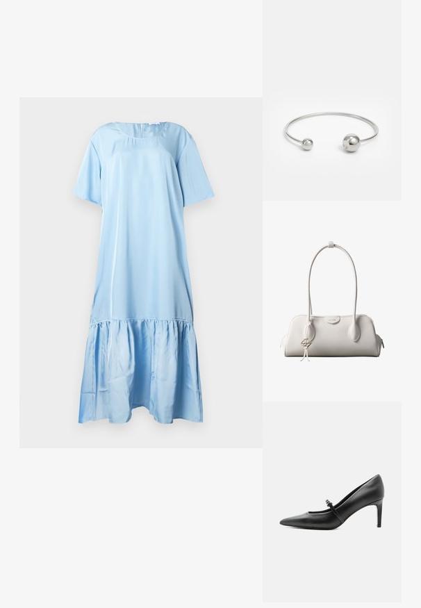 Robe bleu clair à manches courtes en tissu lisse. Elle présente un ourlet volanté et un col rond avec une fermeture au dos.; Escarpin noir en cuir à bout pointu avec une fine bride et une boucle sur le cou-de-pied, posé sur un fond clair neutre.; Sac à bandoulière blanc Calvin Klein avec longues poignées, forme rectangulaire, fermeture éclair et charm logo décoratif suspendu près de la poignée.; Bracelet jonc en métal argenté avec deux accents sphériques à chaque extrémité, surface lisse, design ouvert et forme épurée et minimaliste.