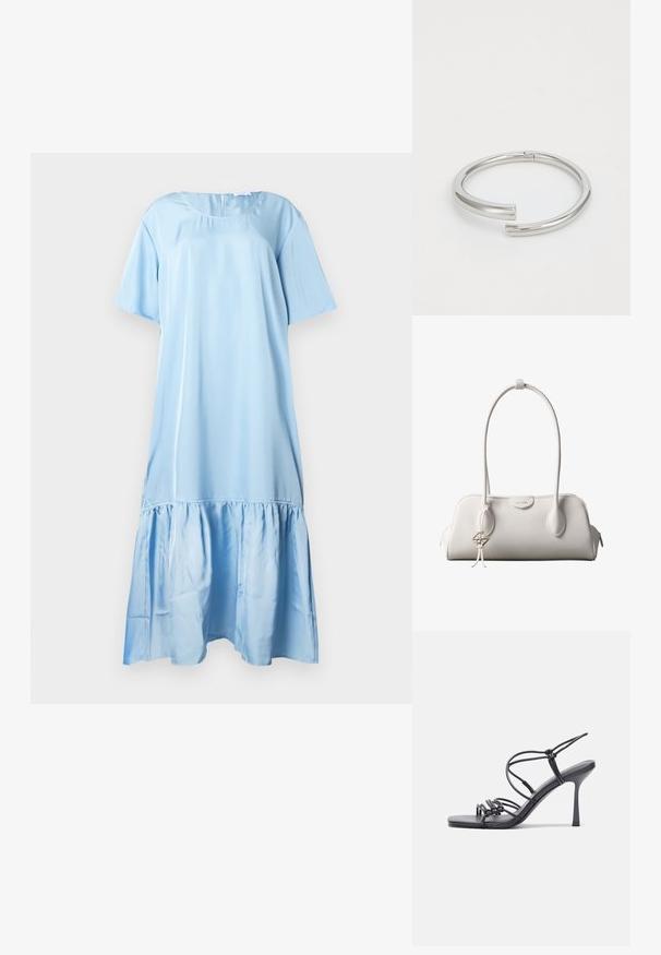 Robe bleu clair à manches courtes en tissu lisse. Elle présente un ourlet volanté et un col rond avec une fermeture au dos.; Des sandales noires à talons hauts avec des fines lanières au design noué, un bout carré lisse et un talon aiguille élégant.; Sac à bandoulière blanc Calvin Klein avec longues poignées, forme rectangulaire, fermeture éclair et charm logo décoratif suspendu près de la poignée.; Calvin Klein SPIRAL - Bracelet - silver-coloured