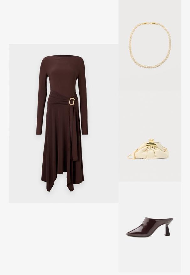 Brown long-sleeve dress made of soft fabric, featuring a twisted waist with a golden buckle accent and an asymmetrical hemline.; Kiiltävä tummanruskea kärjellinen mulesandaali, jossa on tukevan näköinen korko ja DKNY-logo sivulla, esitetty yksinkertaisella valkoisella taustalla.; Kermanvärinen clutch-laukku, valmistettu pehmeästä materiaalista, jossa on kultainen lukko ja ketjusäädin, vartalon kerätty muotoilu.; Kultainen ketjukaulakoru, jossa on pyöreitä lenkkejä; jokaisessa lenkissä on keskellä kirkas jalokivi, jota ympäröivät pienemmät kivet. Kaulakoru on esillä valkoisella taustalla.