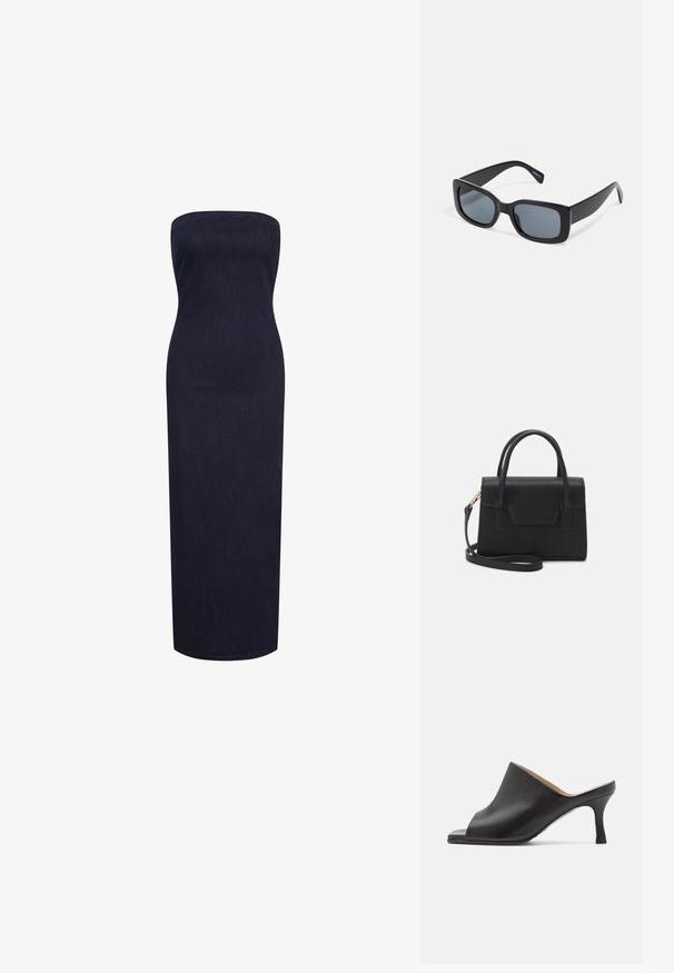 Stropeløs, tætsiddende maxi-kjole i mørk denim, med en lige silhuet og en glat tekstur uden synlige lukninger eller dekorationer.; Selected ASHLEY - Mules med hæl - black; Sorte rektangulære solbriller med mørkt tonede linser, tyk plastramme og brede stænger. Glat overflade og kantet design.; Sort struktureret håndtaske lavet af læder med et topgreb, aftagelig skulderrem og detalje med frontklap. Guldhardware accenter.