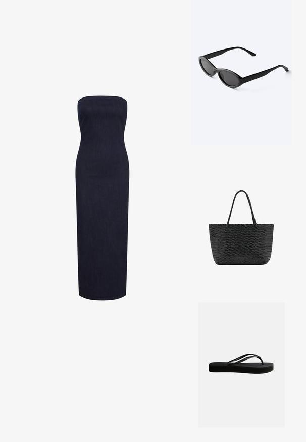 Strapless, nauwsluitende maxidress van donkerdenim, met een rechte silhouet en een zachte textuur zonder zichtbare sluitingen of versieringen.; Zwarte rubberen teenslipper met gestructureerd zool en Y-vormige band, zijaanzicht op een effen lichte achtergrond.; Strakke zwarte ovale zonnebril met donkere glazen en rechte pootjes, rustend op een wit oppervlak.; Zwarte geweven draagtas met twee gevlochten handvatten, rechthoekige vorm en gestructureerd patroon, afgebeeld op een effen witte achtergrond.