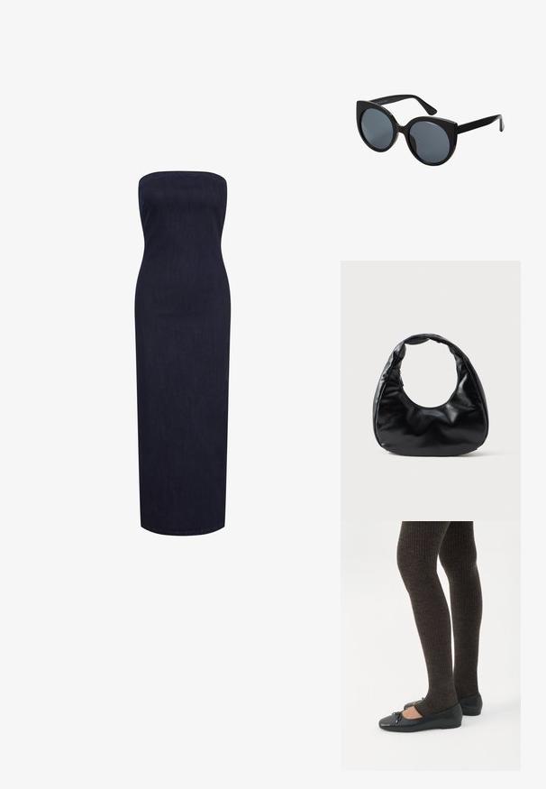 Strapless, nauwsluitende maxidress van donkerdenim, met een rechte silhouet en een zachte textuur zonder zichtbare sluitingen of versieringen.; Benen met donkere geribbelde leggings gecombineerd met zwarte ballerina's met kleine strikdetails op een witte achtergrond.; Zwarte oversized zonnebril met een kattenoogvorm, donkere getinte lenzen en een glanzend plastic montuur. Beschikt over dikke tempels voor extra ondersteuning.; Zwarte neplederen handtas met een unieke halve maanvorm, een brede, gevoerde handgreep en een ritssluiting. Glad, glanzend oppervlak, minimalistisch ontwerp.