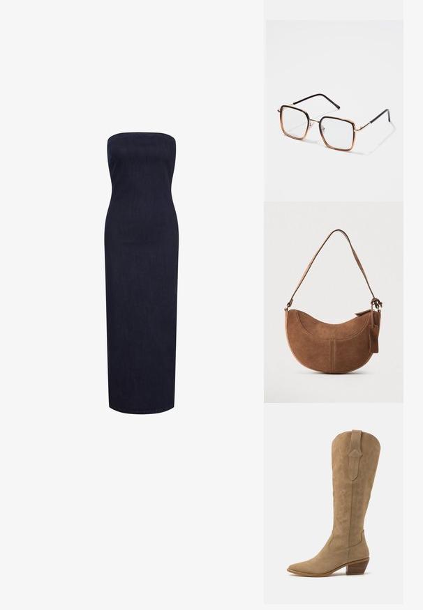 Strapless, nauwsluitende maxidress van donkerdenim, met een rechte silhouet en een zachte textuur zonder zichtbare sluitingen of versieringen.; Tan suède cowboylaarzen met een spitse neus, middelhoog schacht en decoratieve stiknaden langs de zijkanten. Voorzien van een gestapelde houten hak.; Vierkante bril met metalen monturen in goudkleur en bruine verloopranden, met zwarte pootjes en verstelbare neuspads.; Bruine suède handtas met een gebogen, halve maanvorm. Voorzien van een schouderriem, een klein label en zichtbare stiksels langs de randen.