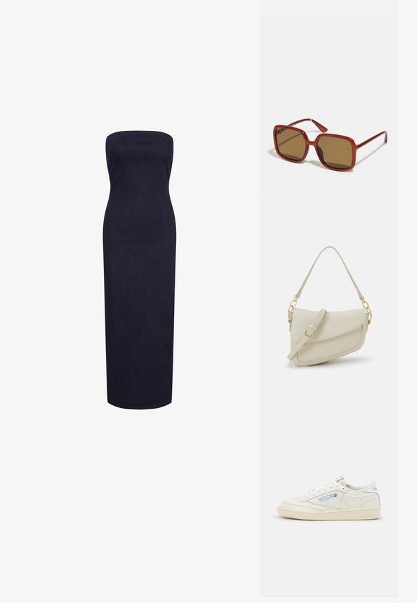 Strapless, nauwsluitende maxidress van donkerdenim, met een rechte silhouet en een zachte textuur zonder zichtbare sluitingen of versieringen.; Reebok sneakers in off-white leer met lichtblauwe accenten. Beschikt over een geperforeerde neus, platte veters en een getextureerde rubberen zool.; Rode vierkante zonnebril met bruin getinte lenzen. Dikke, glanzende monturen en slanke armen met kleine details aan de zijkant voor visuele interesse.; Kleine crèmekleurige handtas met een textuurafwerking, een lange verstelbare schouderband, een kettingaccent en een klepsluiting. Gouden hardware-details.