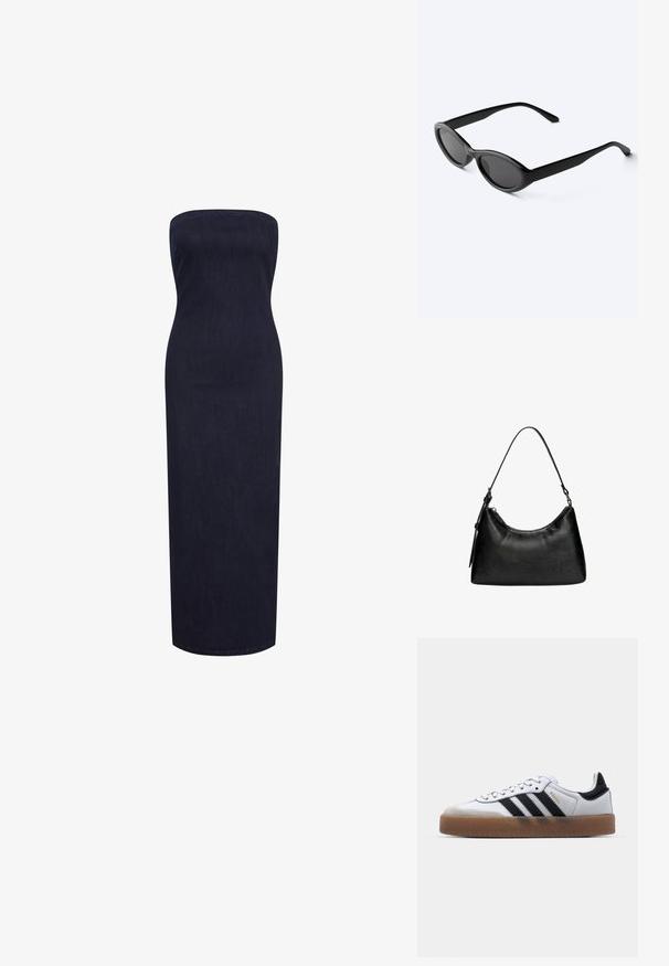 Stropeløs, tætsiddende maxi-kjole i mørk denim, med en lige silhuet og en glat tekstur uden synlige lukninger eller dekorationer.; Hvide lædersneakers med sorte striber, gummirubber sål, rund tå, snørelukning og blød grå ruskinds tåhætte.; Slanke sorte ovale solbriller med mørke linser og lige arme, hvilende på en hvid overflade.; Sort syntetisk læder håndtaske med en buet form, kort håndtag, lynlåslukning og en subtil tekstureret overflade.