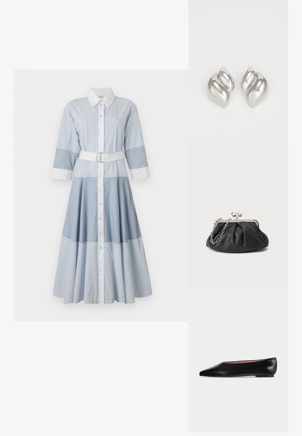 Gestreiftes blaues Hemdkleid mit langen Ärmeln, Knopfleiste und tailliertem Gürtel. Merkmale sind abwechselnde hellblaue und dunkelblaue Streifenmuster.; Schwarzer flacher Damenleder-Schuh mit spitzer Kappe und niedrigem Absatz, von der Seite auf einfarbigem hellgrauem Hintergrund gezeigt.; Schwarze Leder-Clutch mit geraffter Textur, silberfarbener Metallrahmen, Druckverschluss und Kettenriemen. Glatte, weiche Oberfläche.; Silberne Ohrringe mit einer organischen, abstrakten Form. Glatte, glänzende Oberfläche mit einem konischen Design. Mit dezenten Kurven und einem zentralen Linienelement.